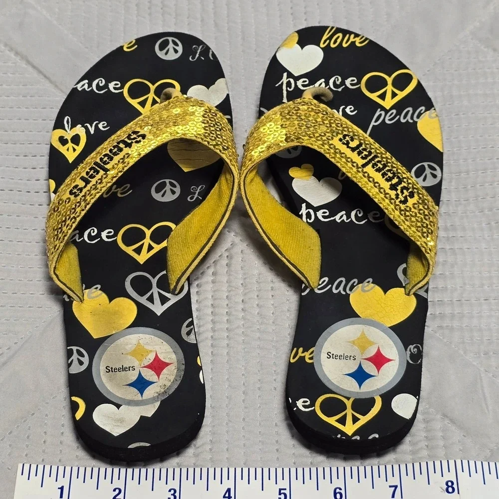 Pittsburgh‎ Steelers Womens M Flip Flops Shoes  Sparkle Sequin Peace Love
